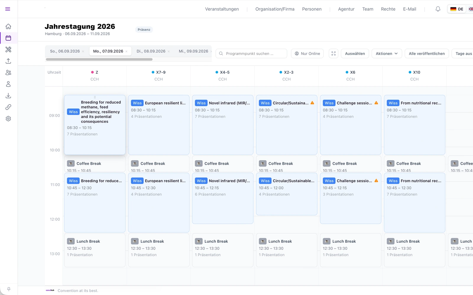 Die Programmplanung: ein Veranstaltungstag mit mehreren Sälen nebeneinander, Sitzungen und Pausen auf der Zeitachse